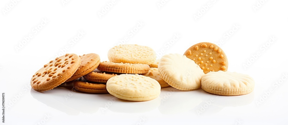 Poster a stack of cookies on a plain white surface with a clean background