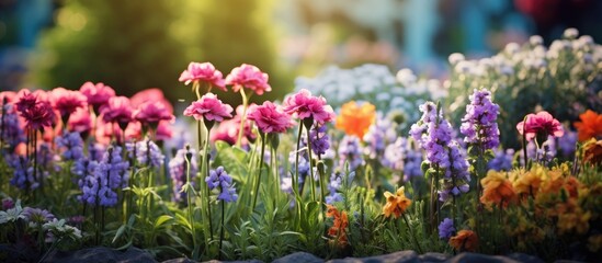 Colorful flowers blooming under bright sunlight