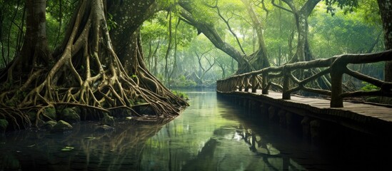 Wooden footbridge amid lush trees over river