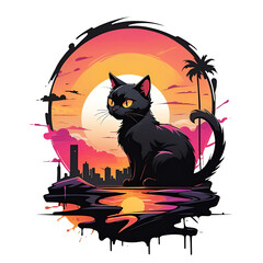 Graffiti abstract black Cat and sunset logo modern art for t-shirt