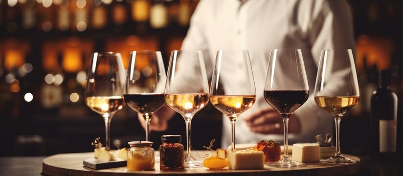 Tray of wine glasses and cheese close up