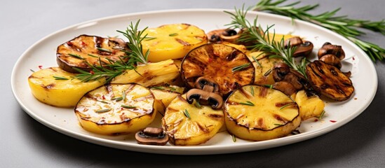Grilled vegetables plate with mushrooms and pineapples - 796384995