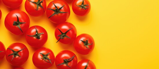 Close-up of ripe tomatoes on vibrant yellow surface - 796385101