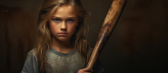 Girl with bat in dim room