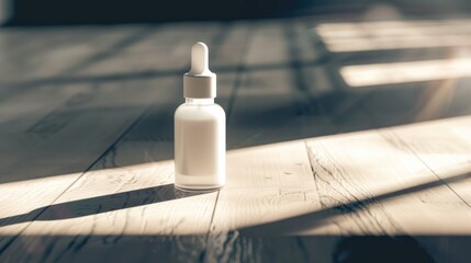 A clear white bottle with a lone serum lay on the floor with the sunlight shining on the side