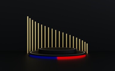 Black cylindrical podium with black background. Blue and red neon lights for standing advertising displays Fashion products. 3D illustration