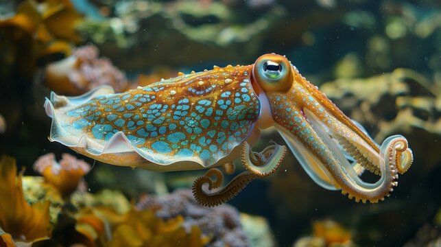 Vibrant cuttlefish floating amidst seaweed, displaying a complex pattern. AI Generative.
