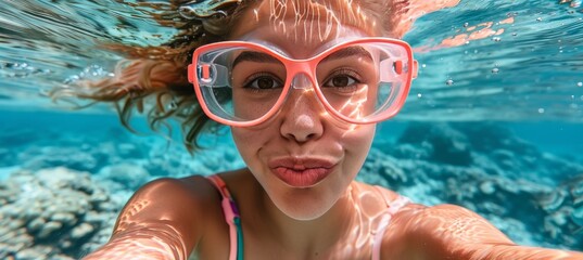 Fototapeta premium Young woman enjoys underwater adventure, swimming in the mesmerizingly clear blue ocean depths