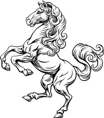 A horse animal for a crest in rampant pose. Heraldic coat of arms heraldry design element in a vintage illustration style.