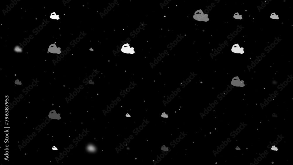 Poster template animation of evenly spaced electric plane symbols of different sizes and opacity. animation