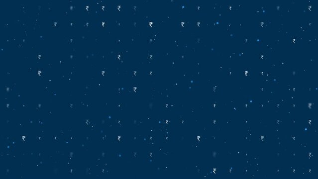 Template animation of evenly spaced indian rupee symbols of different sizes and opacity. Animation of transparency and size. Seamless looped 4k animation on dark blue background with stars