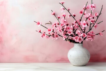 Minimalist white vase with elegant pink cherry blossoms on pastel background for text placement