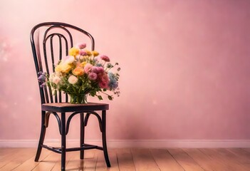 bouquet of flowers, flowers on wooden chair, pink backdrop, corner of a house 