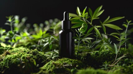 Black glass bottle with pipette on green moss surrounded by cannabis flowers. Black background. Cosmetic branding.