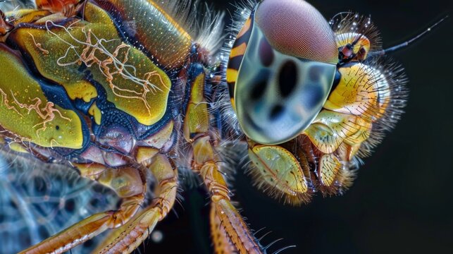 A magnified photograph of the dragonflys thorax revealing the intricate structure of its sensory and nerve bundles.