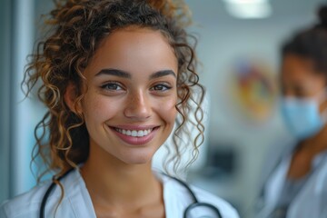 Fototapeta premium A radiant young female doctor with curly hair and a beaming smile in a clinical setting