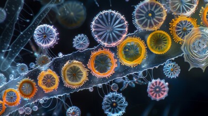 A delicate chain of diatoms each one ly visible to the d eye are revealed under the microscope their intricate designs serving as - obrazy, fototapety, plakaty