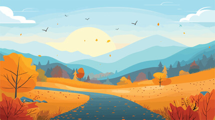 Autumn road. Landscape with mountains and hills. Vect