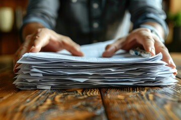 Neatly captured decisive hands quickly sorting through a large stack of official documents on a wooden desk