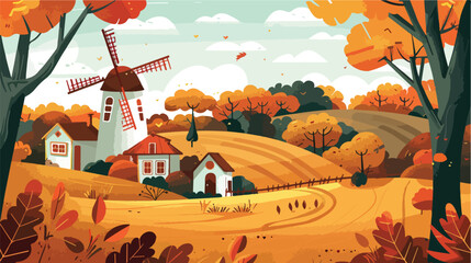 Autumn rural landscape with trees fields houses and w