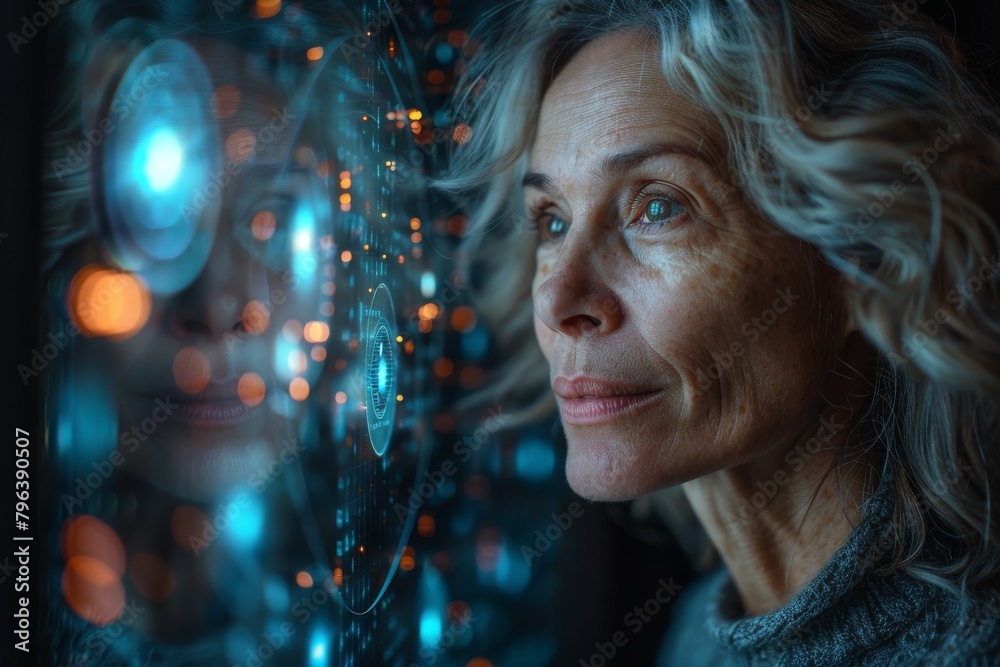 Poster this image shows an abstract technology concept with a female figure partially visible and surrounde