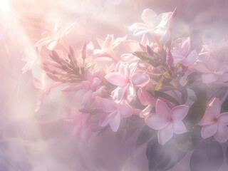 pink sunbeam burst through wispy clouds, illuminating a delicate bouquet of gardenias, graphic and resource