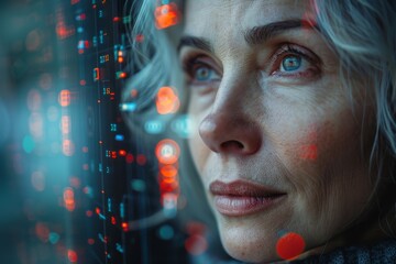 A mature woman's face reflecting colorful digital interface lights, suggesting technology integration