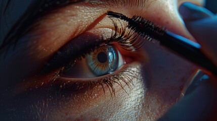 macro shot woman applying mascara