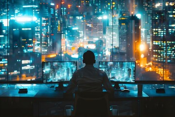 A lone figure strategizes against a dystopian cityscape illuminated by computer screens. Concept Dystopian, Technology, Strategy, Urban Landscape, Isolation