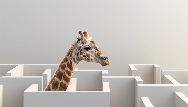 Conceptual image of a giraffe looking over a wall of cubicles depicting foresight and vision in business leadership