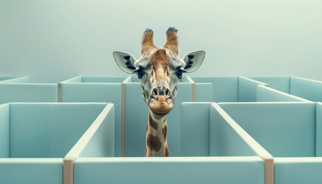 Conceptual image of a giraffe looking over a wall of cubicles depicting foresight and vision in business leadership