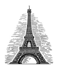eiffel tower engraving black and white outline