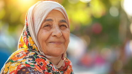 Happy elderly oriental grandmother with copy space