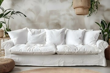 Modern living room with blank white pillow couch mockup. Concept Living Room Decor, Mockup Design, White Couch, Blank Pillow, Modern Style