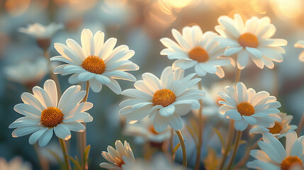 Group of white daisies with yellow centers in a sunny meadow - Powered by Adobe