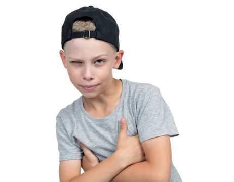 Portrait of a sly squinting teenage boy in a baseball cap, isolated on a transparent background png