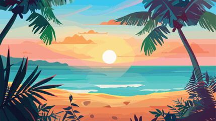 Beach landscape. Colorful summer design. Vector illustration