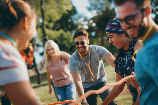 A team participating in a fun and engaging team-building activity outdoors.