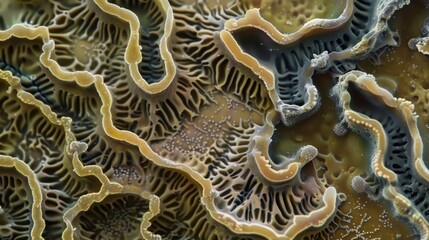 A magnified view of a bacterial colony showing the intricately structured layers of different bacterial species. Each layer is distinguished