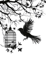 Illustration of a bird escaping an open cage, symbolizing freedom from confinement