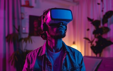 A man wearing a VR headset is standing in a room with a plant behind him