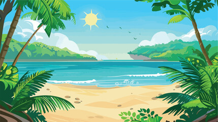 Beautiful tropical beach scene with sun and palm illustration