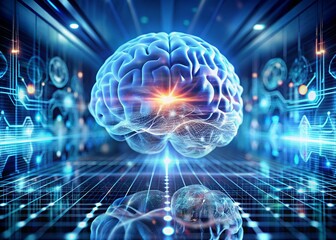 Digital technologies of the future. Artificial intelligence. The brain and digital codes on a virtual screen. The image was created using artificial intelligence.