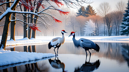 Beautiful Couple lover Red-crowned crane bird from kushiro hokkaido japan in winter season - obrazy, fototapety, plakaty