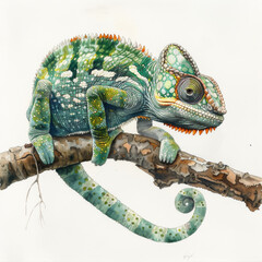 Naklejka premium Vibrant watercolor illustration of a chameleon clinging to a tree branch, displaying a spectrum of colors.