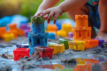 A closeup of a childs hands gently molding wet sand into a castle tower, with colorful plastic molds lying nearby