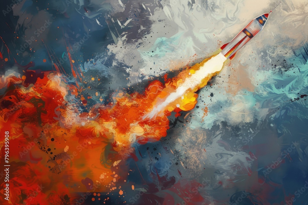 Poster A dynamic image of a rocket launching into the sky. Ideal for science and technology concepts