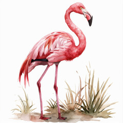 Elegant pink flamingo captured in watercolor, standing tall amidst grass, showcasing its grace and beauty.