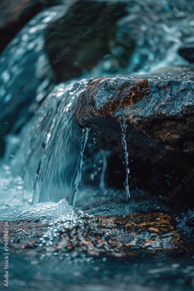 Poster Close-up view of a flowing stream with rocks in the background. Ideal for nature or environmental concepts