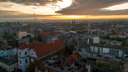 aerial view of the center of Poznan in Poland at dawn in spring